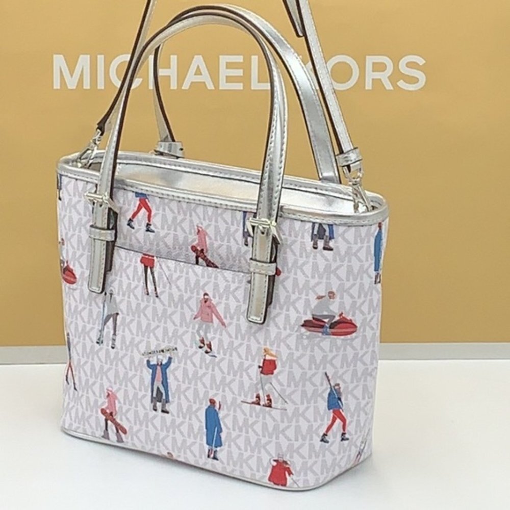 Michael Kors Jet Set Girls Print White Signature XS Carryall Top Zip Tote - Picture 5 of 16